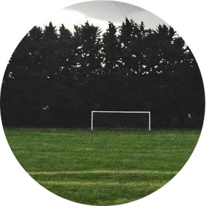 an empty soccer field with a soccer net and green pine trees