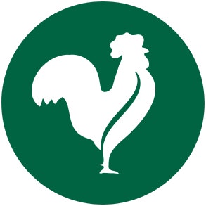 green circle with white chicken silhouette inside