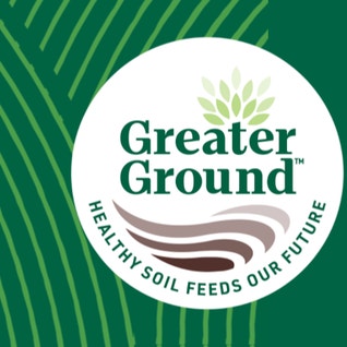Greater Ground healthy soil feeds our future logo with dark green background