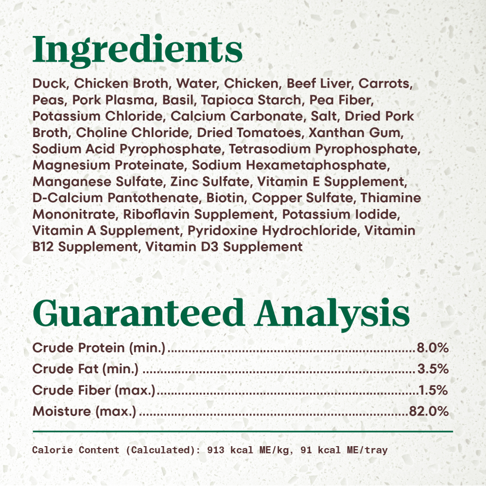 Signature Duck Entrée With Spring Vegetables and a Hint of Basil Filets in Gravy ingredients image